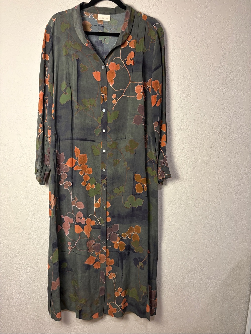 Poetry UY98 100% Silk Botanical Maxi Shirt Dress US 12 UK 16